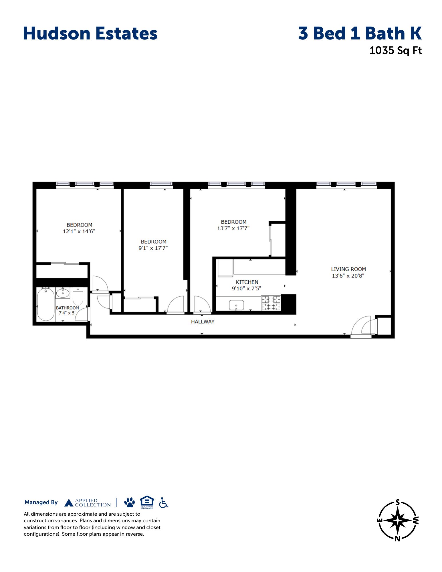 Floor plan for 3 beds, 1 bath, 1035 sqft